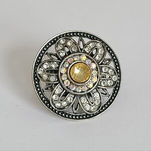 Vintage Chunky Floral Flower Crystal Yellow Rhinestone Stretchy Statement Ring